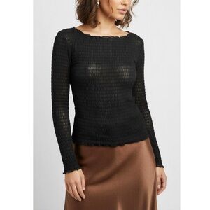 RÉALISATION Chloé Long Sleeve Shirred Silk Top, Black, XS